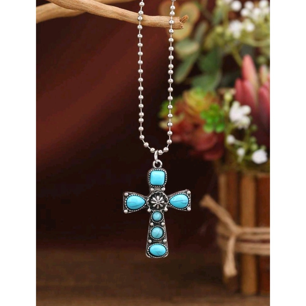 Boho Vintage Turquoise Cross Pendant Necklace | 45+5cm Ball Chain